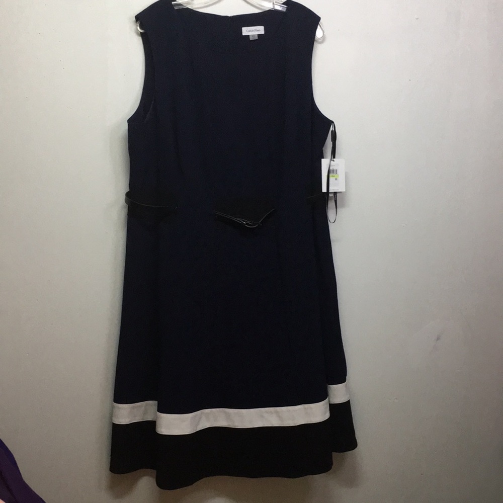 NWT Calvin Klein Woman Belted Navy Blue Fit&Flare Dress: Size 18W - Picture 2 of 13